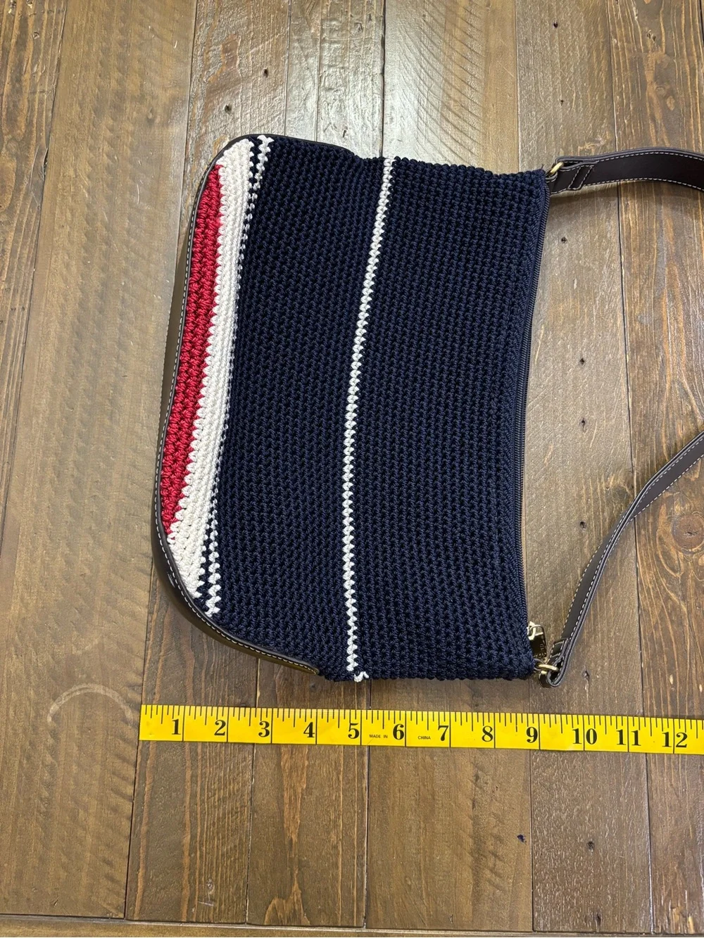 The Sak Navy Crochet Shoulder Bag with Red & Cream Stripes
